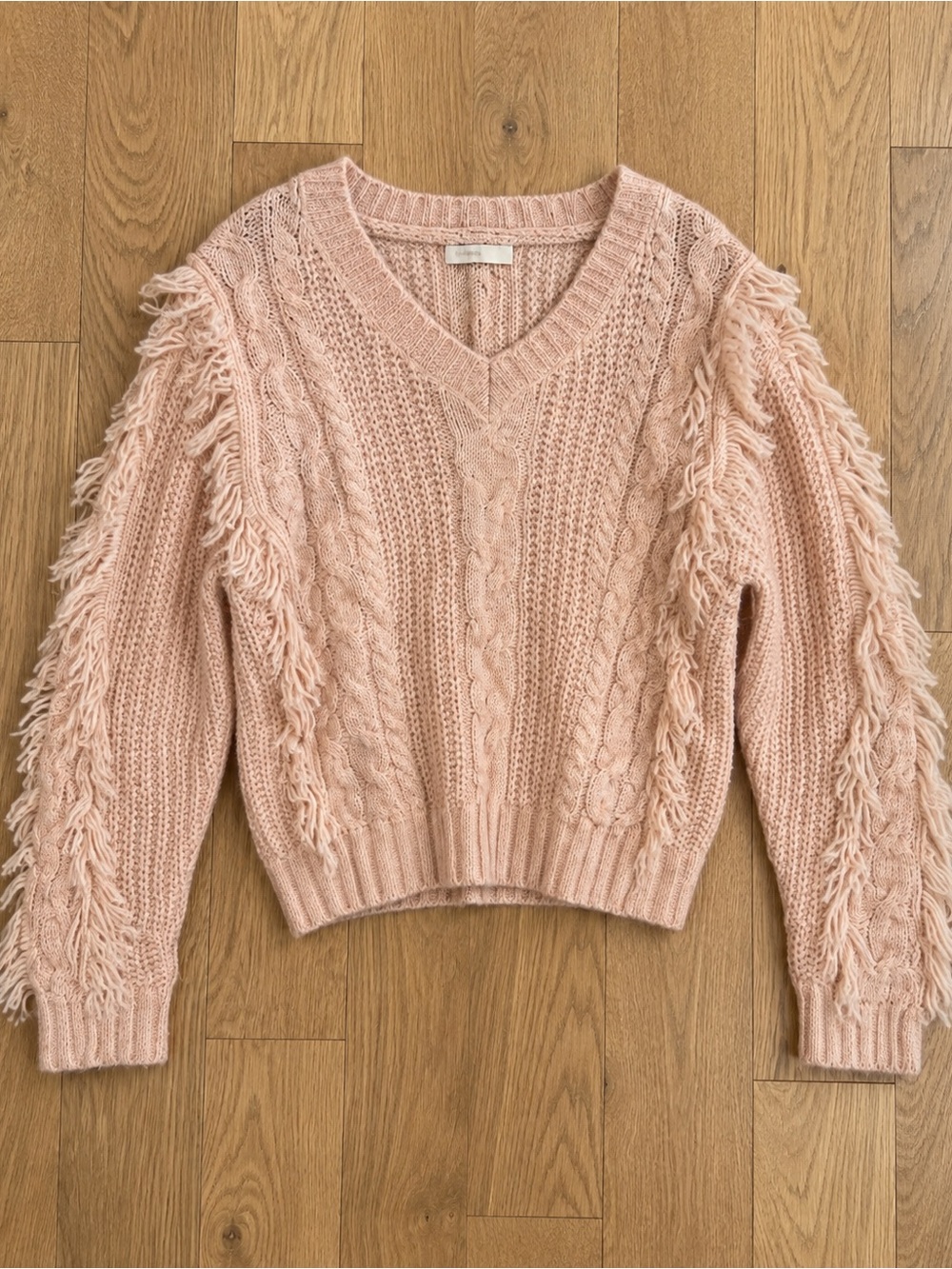 Twelfth Love Pink Cable Knit Fringe Sweater Wool Blend V Neck Size Medium